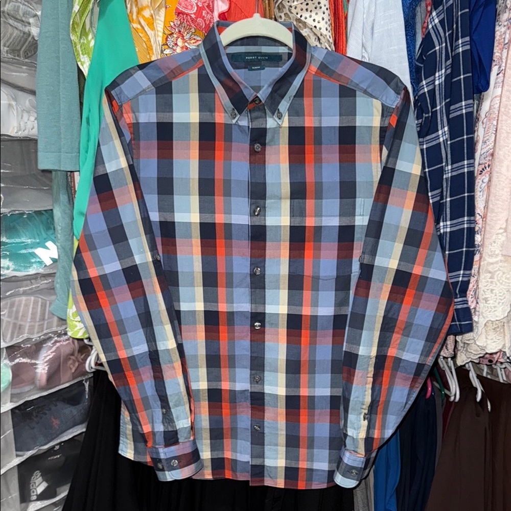 Perry Ellis Men's Plaid Shirt - Blue and Red/Orange Size Medium